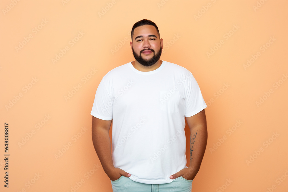 design mockup: hispanic plus sized man wearing a blank white t-shirt, studio shot design mockup: hispanic plus sized man wearing a blank white t-shirt, studio shot