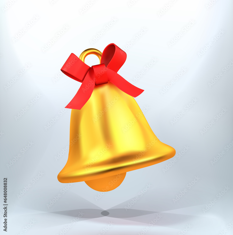 Christmas jingle bell 3d illustration. Golden metal bell with red bow vector 3d icon, Christmas jingle bell 3d illustration. Golden metal bell with red bow vector 3d icon,