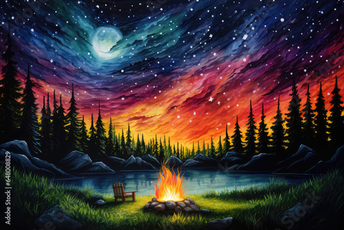 A Painting Of A Campfire With A Night Sky In The Background
