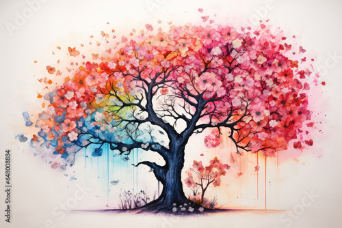 Cherry Blossom Tree Blooming Painted With Crayons
