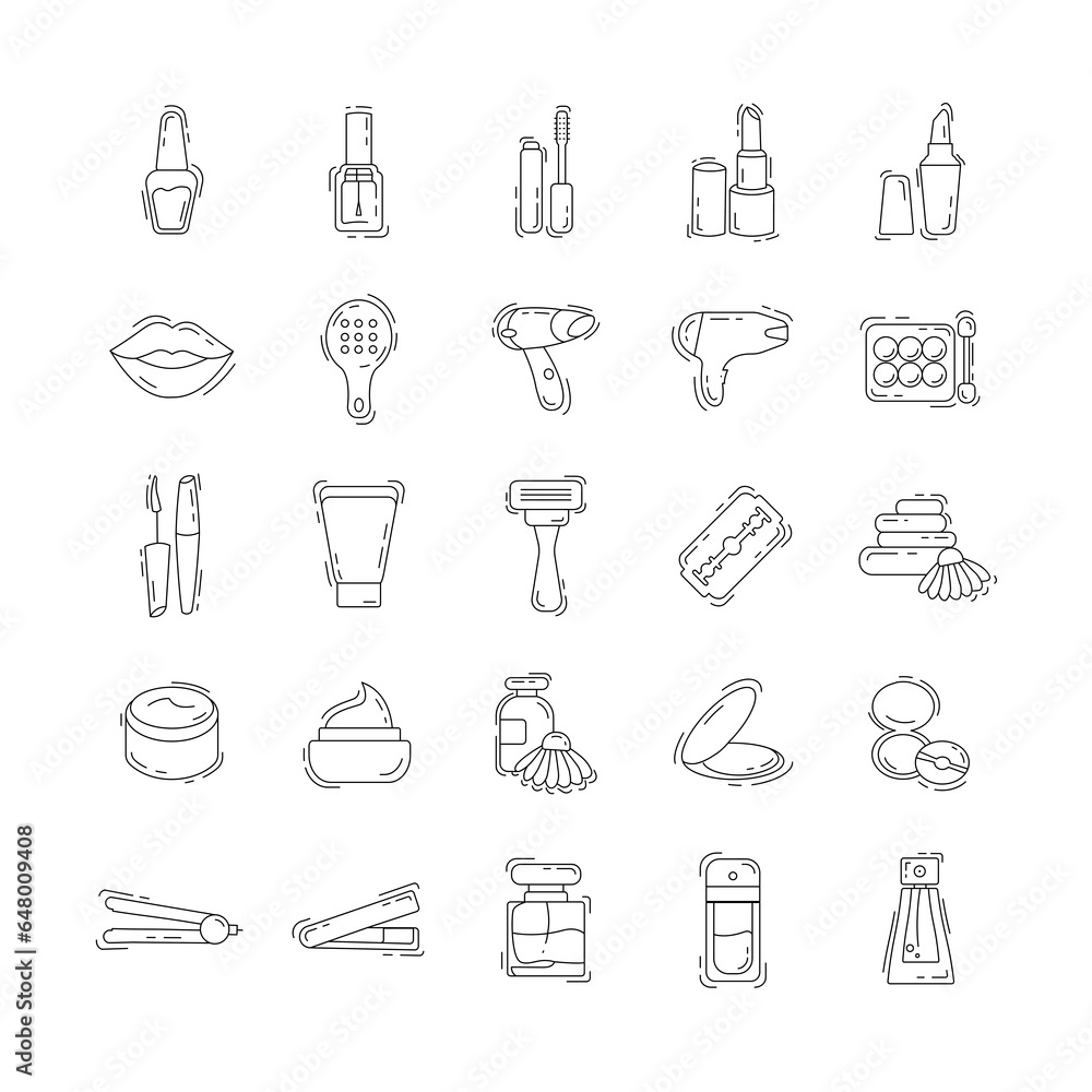 Cosmetic thin line icon set with lipstick, nail polish, mascara for eyes Cosmetic thin line icon set with lipstick, nail polish, mascara for eyes