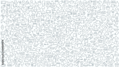 Fototapeta food and cooking doodle line icon background.