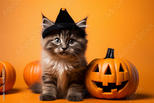 A cat sitting with pumpkins on orange background © ardanz