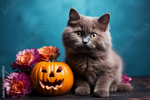 A cat sitting with pumpkins on blue background © ardanz