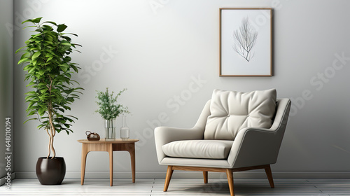 Scandinavian Style Living Room  Grey Armchair Against White Wall