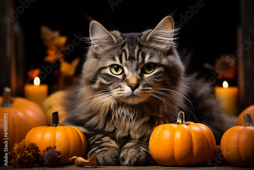 Adorable cat sitting on a pumpkin patch on dark background © ardanz