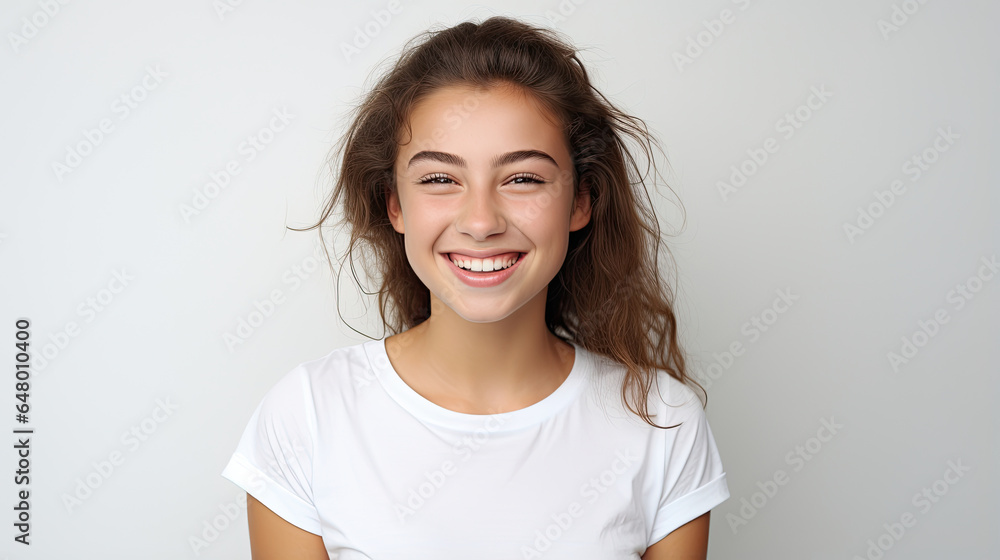 young beautiful girl with a happy expression smiling sweetly wearing a white t-shirt on a white background created with Generative AI Technology young beautiful girl with a happy expression smiling sweetly wearing a white t-shirt on a white background created with Generative AI Technology