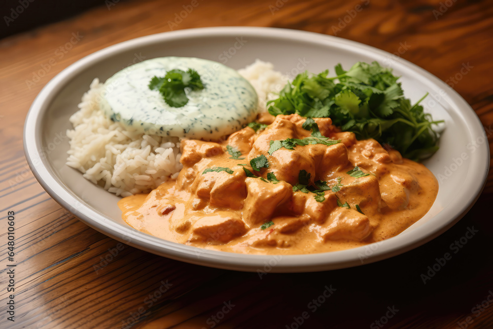 Chicken Tikka Masala On Plate In Scandinavianstyle Cafe Chicken Tikka Masala On Plate In Scandinavianstyle Cafe
