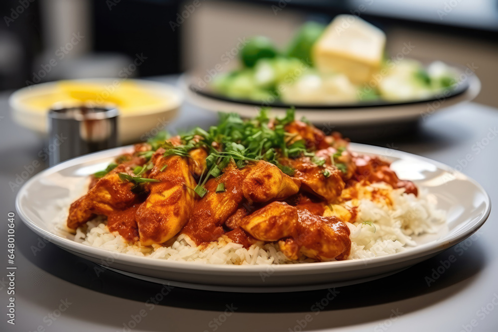 Chicken Tikka Masala On Plate In Scandinavianstyle Cafe Chicken Tikka Masala On Plate In Scandinavianstyle Cafe