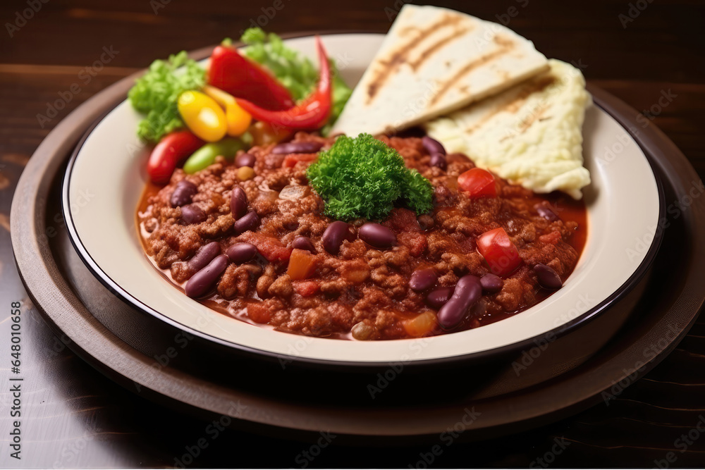 Chili Con Carne On Plate In Scandinavianstyle Cafe Chili Con Carne On Plate In Scandinavianstyle Cafe
