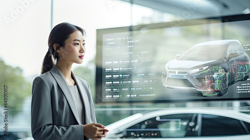 Young Asian woman in a business suit stands in front of a transparent digital screen with a car created with Generative AI Technology