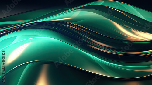 Metallic smooth waves blue and green emerald gold gradient transparent glass reflective 3d metal created with Generative AI Technology photo