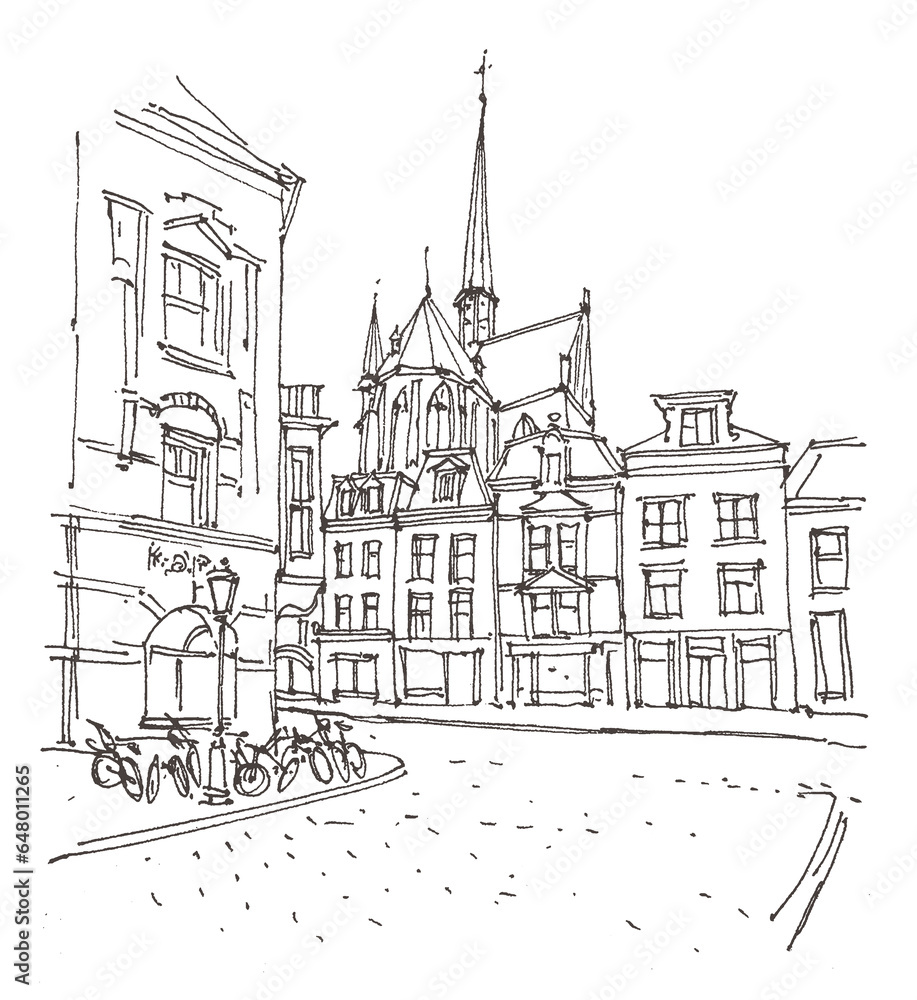 Travel liner sketches architecture of Utrecht, Holland, hand drawing sketch, graphic illustration. Urban sketch in black color isolated on white background. Hand drawn travel postcard. Travel sketch