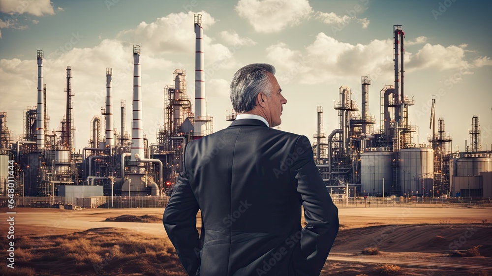 Businessman standing in front of the oil refinery in the city. - obrazy, fototapety, plakaty 