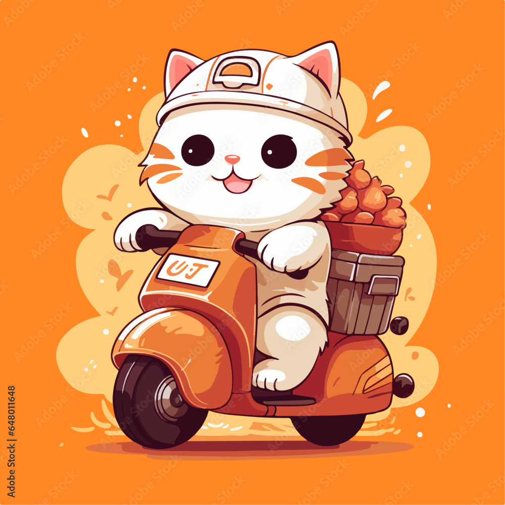 Cat delivery vector flat illustration on bright orange background.