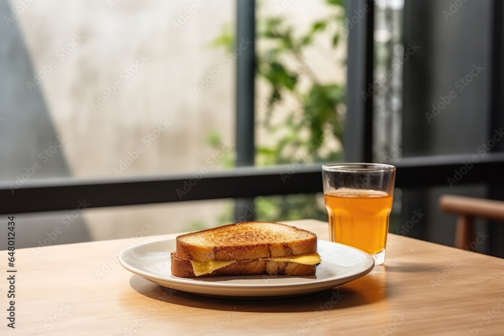 Grilled Cheese Sandwich On Plate In Minimalist Cafe Grilled Cheese Sandwich On Plate In Minimalist Cafe