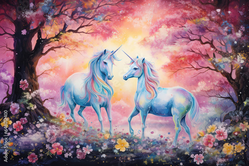 A Painting Of Two Unicorns Standing In A Forest