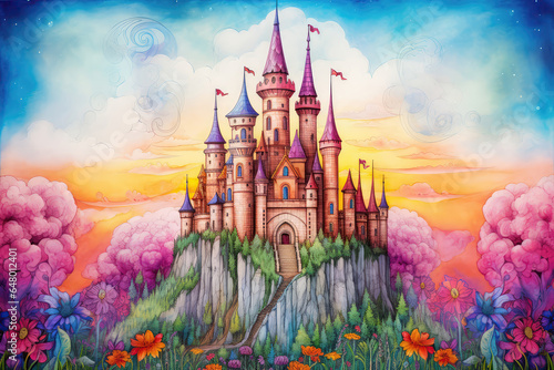 Fairytale Castle On Hilltop Painted With Crayons