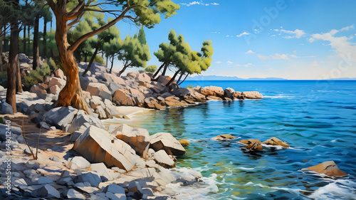 painting of a rocky beach with trees and rocks on the shore Generative AI