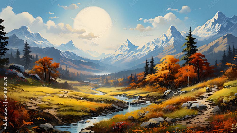 painting of a mountain landscape with a stream and a mountain range Generative AI