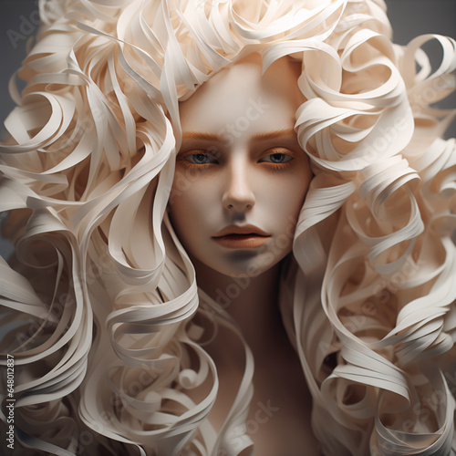Harmonious Blend of 3D Paper Art: Elegantly Lit Detailed Hair Design with Soft Shadows