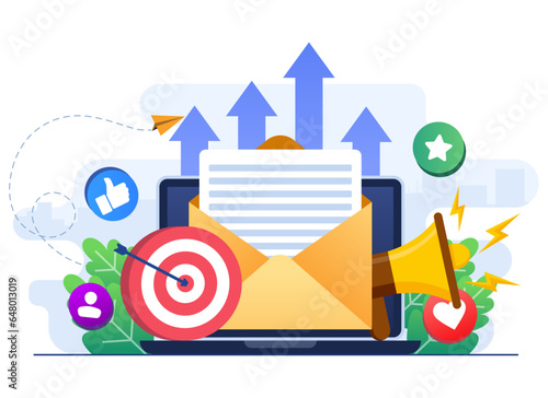 Email marketing flat illustration vector concept, Online business strategy, Advertising, Email newsletter, messaging, Marketing material concept for landing page, web banner, social media, infographic