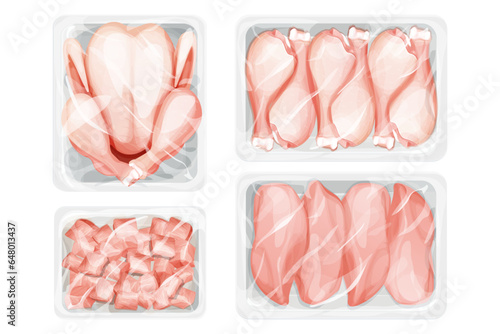 Whole broiler chicken meat in plastic tray with polyethylene kitchen film in cartoon style isolated on white background. Frozen food, top view. 