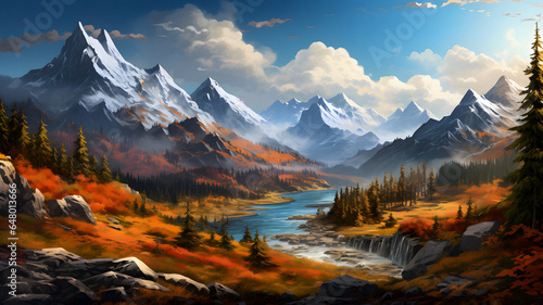 painting of a mountain landscape with a river and a waterfall Generative AI