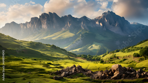 mountains with green grass and rocks in the foreground Generative AI