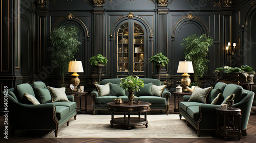 Neoclassical Living Room with Green Velvet Seating