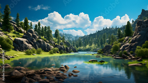 river running through a rocky valley with trees Generative AI