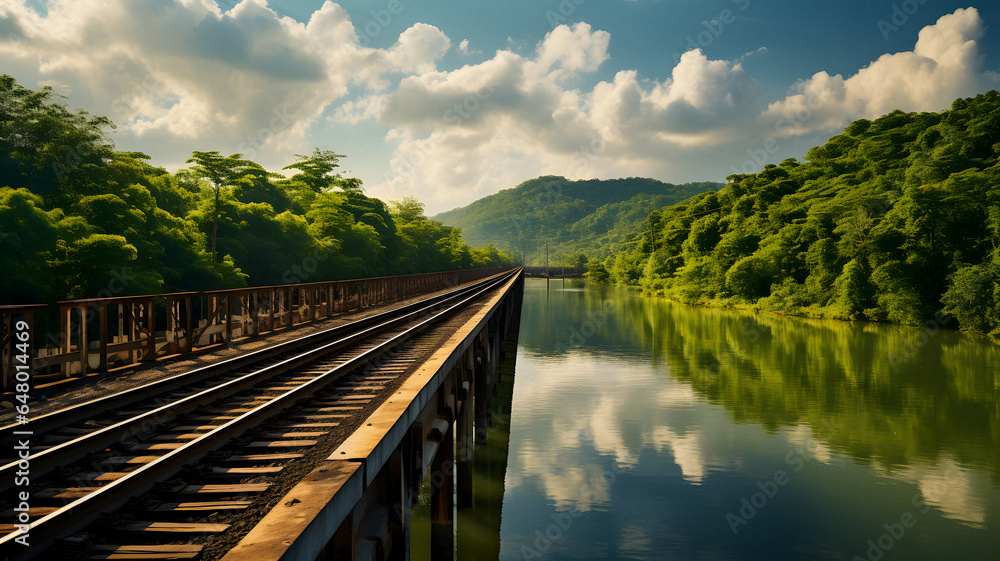 Obraz premium train track that is going over a bridge Generative AI