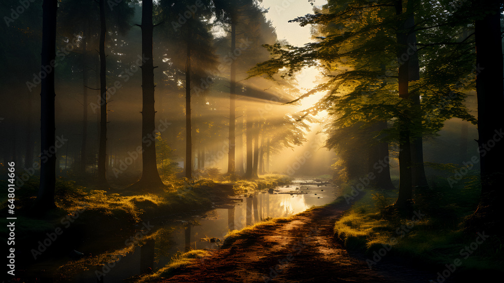 Obraz premium sunlight shining through the trees onto a path in a forest Generative AI