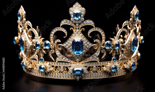 Photo of a luxurious gold crown adorned with sparkling blue and white jewels