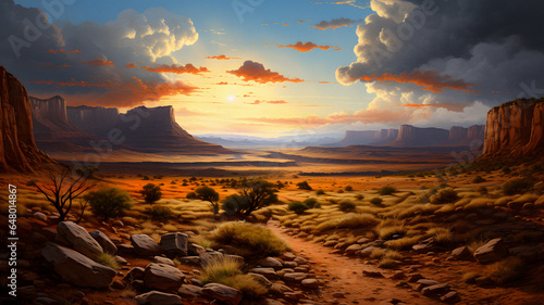 painting of a desert landscape with a dirt road leading to a valley Generative AI