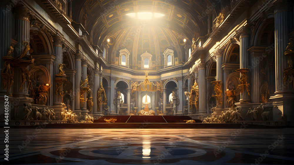 Obraz premium arafed view of a large cathedral with a red carpet and a golden altar Generative AI