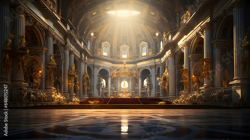 arafed view of a large cathedral with a red carpet and a golden altar Generative AI
