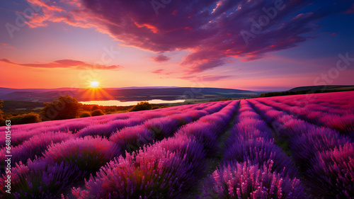 lavender field with sunset and clouds Generative AI