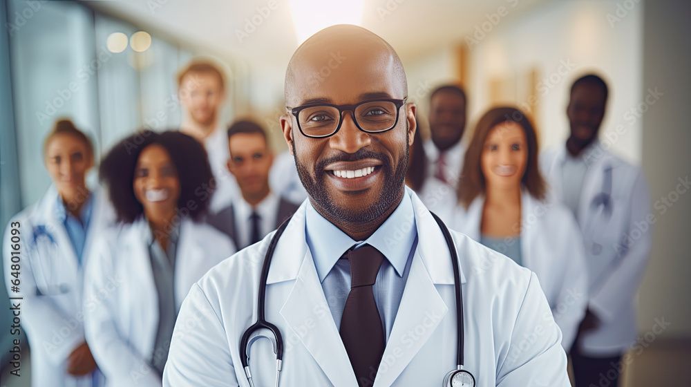 a doctor stood in the middle in a neat white coat and glasses smiling with his professional teams created with Generative AI Technology - obrazy, fototapety, plakaty 