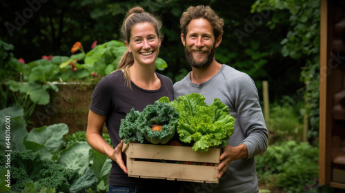 Happy couple holding a box of organic farm vegetables in the agriculture hydroponic garden created with Generative AI Technology