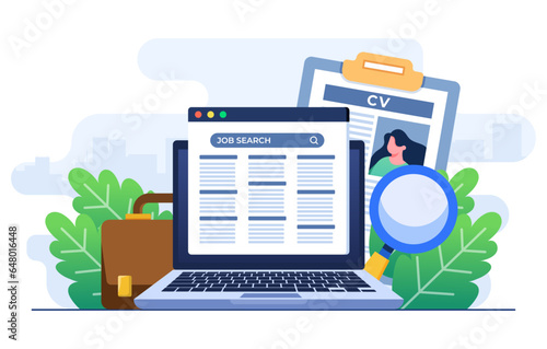 Finding a job online, Career opportunity, Job search, recruitment, Human resources, Job interview, Online job advertisement, Vacancies, Wanted, Hiring concept flat illustration vector template