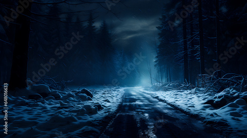 snowy road in the woods at night with a light shining through the trees Generative AI