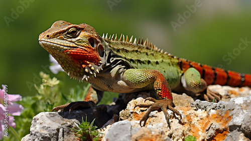 lizard with orange and green head sitting on rocks in front of flowers Generative AI © Ishika