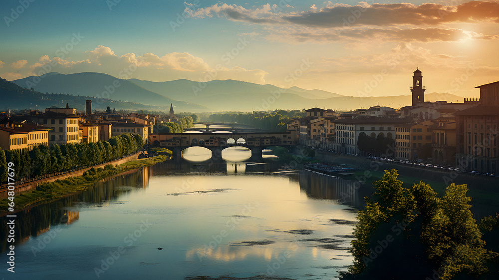 Naklejka premium arafed view of a river with a bridge and buildings in the background Generative AI