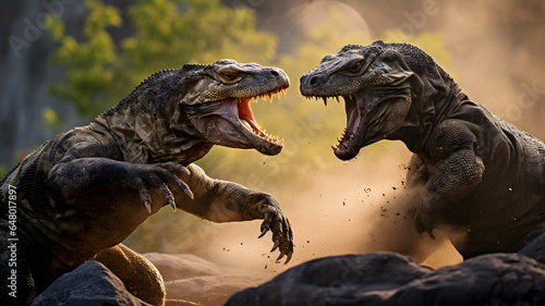 two dinosaurs fighting over a rock in the dirt Generative AI © Ishika