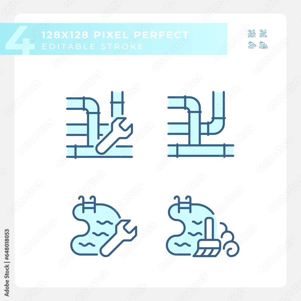 Pixel perfect icons set representing plumbing, editable blue thin line illustration. Pixel perfect icons set representing plumbing, editable blue thin line illustration.