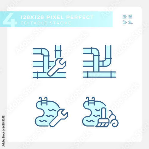 Pixel perfect icons set representing plumbing, editable blue thin line illustration.