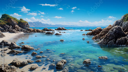 painting of a rocky beach with a body of water and a mountain in the background Generative AI