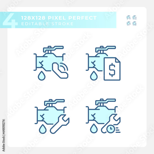 Pixel perfect blue icons set representing plumbing, editable thin line illustration.