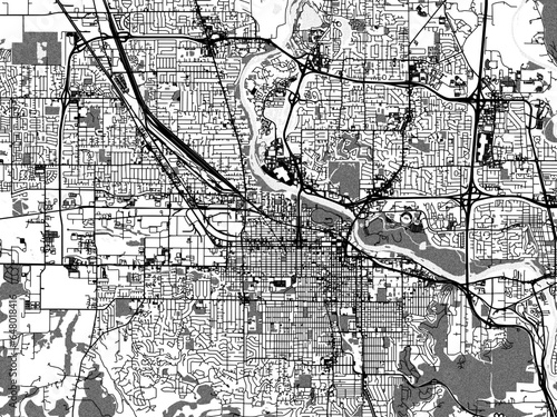 Greyscale vector city map of  Eugene Oregon in the United States of America with with water, fields and parks, and roads on a white background.